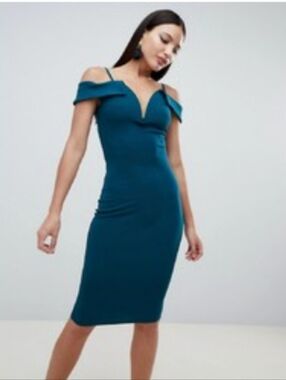 AX Paris Teal Sheath Dress with V-Notch Neckline